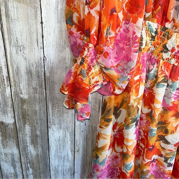 Vince Camuto Orange Floral Smocked Long Sleeve Maxi Dress Size 2X - Picture 4 of 8